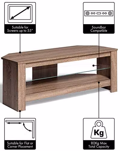 AVF Calibre Rustic Sawn Oak Effect Wood Corner TV Stand in Brown with Glass Shelf and Cable Management, Width: 115 cm – 3