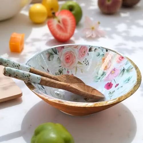 Hartsmede Handmade Mango Wood Salad Bowl Set with Matching Spoons, Floral Design, Multicolour, Diameter: 30.48 cm