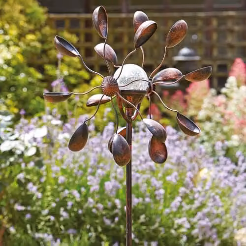 mysmartbuy Gemini Wind Spinner with Solar Powered Crackle Globe in Bronze and Copper, H 130 cm – 2