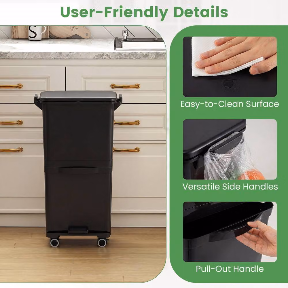 Costway Rolling Pedal Trash Can with 2 Removable Plastic Bins, Black – 5