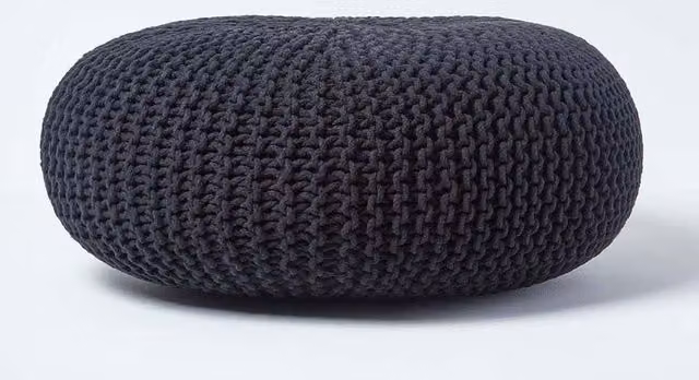 Homescapes Large Round Black Cotton Knitted Pouffe Footstool