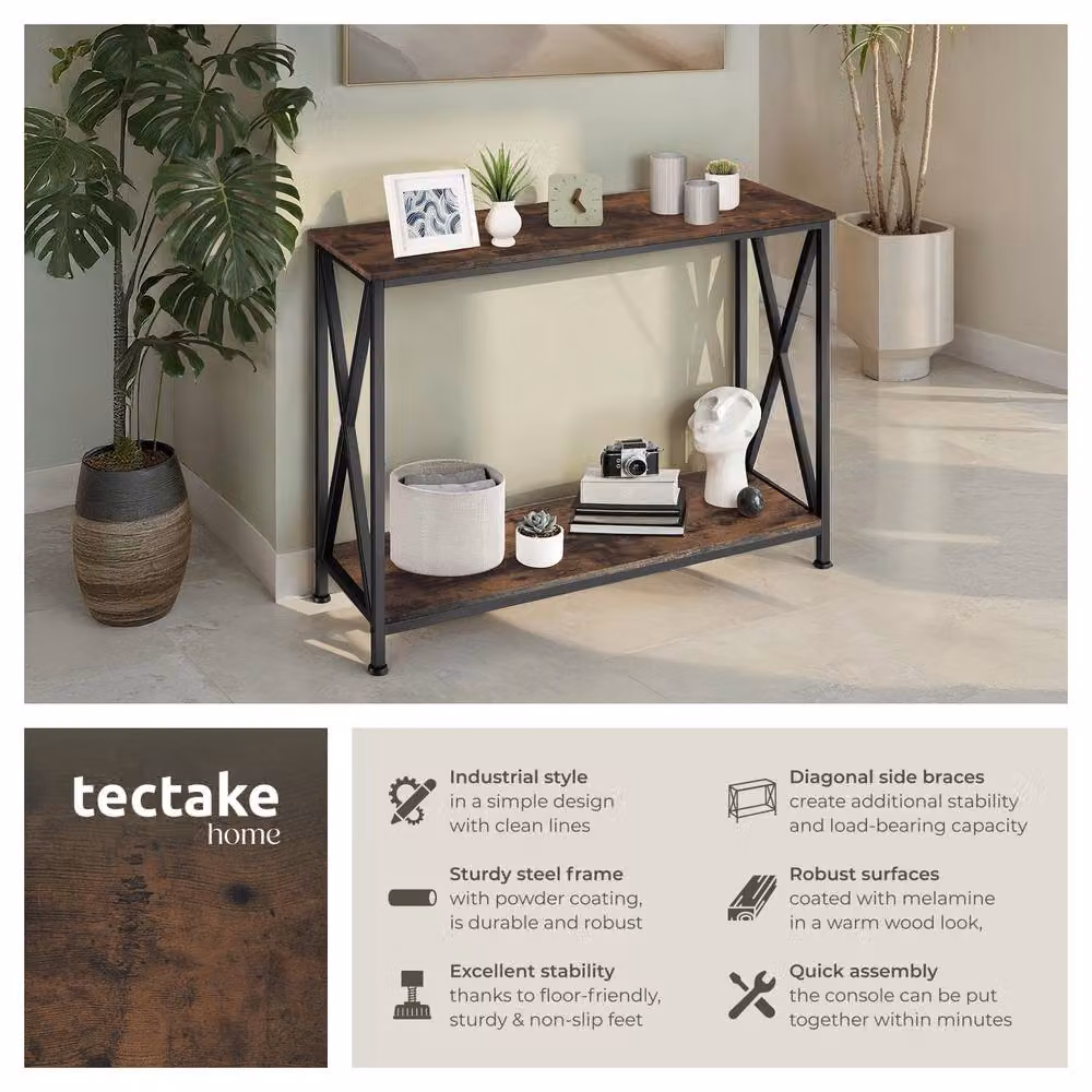 tectake Tacoma Console Table with 2 Shelves and Side X-Braces in Dark Brown – 2