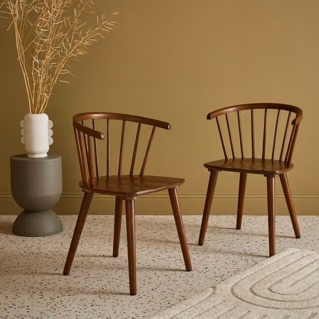 Sweekeet Pair of Dark Brown Walnut Wood and Plywood Dining Chairs with Armrests