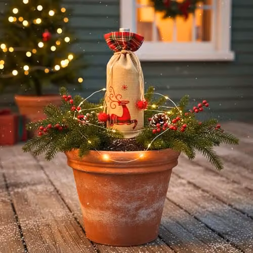 Shatchi Christmas Reindeer Wine Bottle Cover in Brown Burlap Hessian Linen with Drawstring Closure – 7
