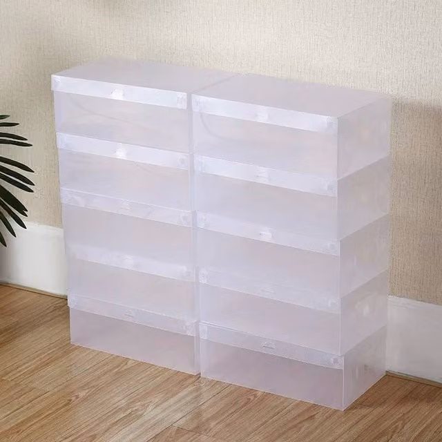 FLAVORA 20 Pack Stackable and Foldable Clear Plastic Shoe Storage Boxes with Back Panel