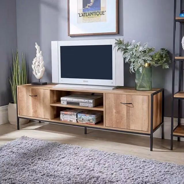 Home Source Oakmere Industrial 2 Door TV Stand Storage Unit in Oak