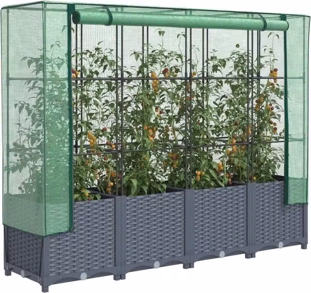 Berkfield Home Raised Bed with Greenhouse Cover in Black Rattan Look, W: 160 cm, D: 40 cm, H: 138 cm