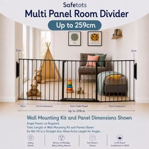 Safetots Premium Multi Panel Room Divider with Swing Door, Black, Width: 259 cm, Height: 70 cm – 3