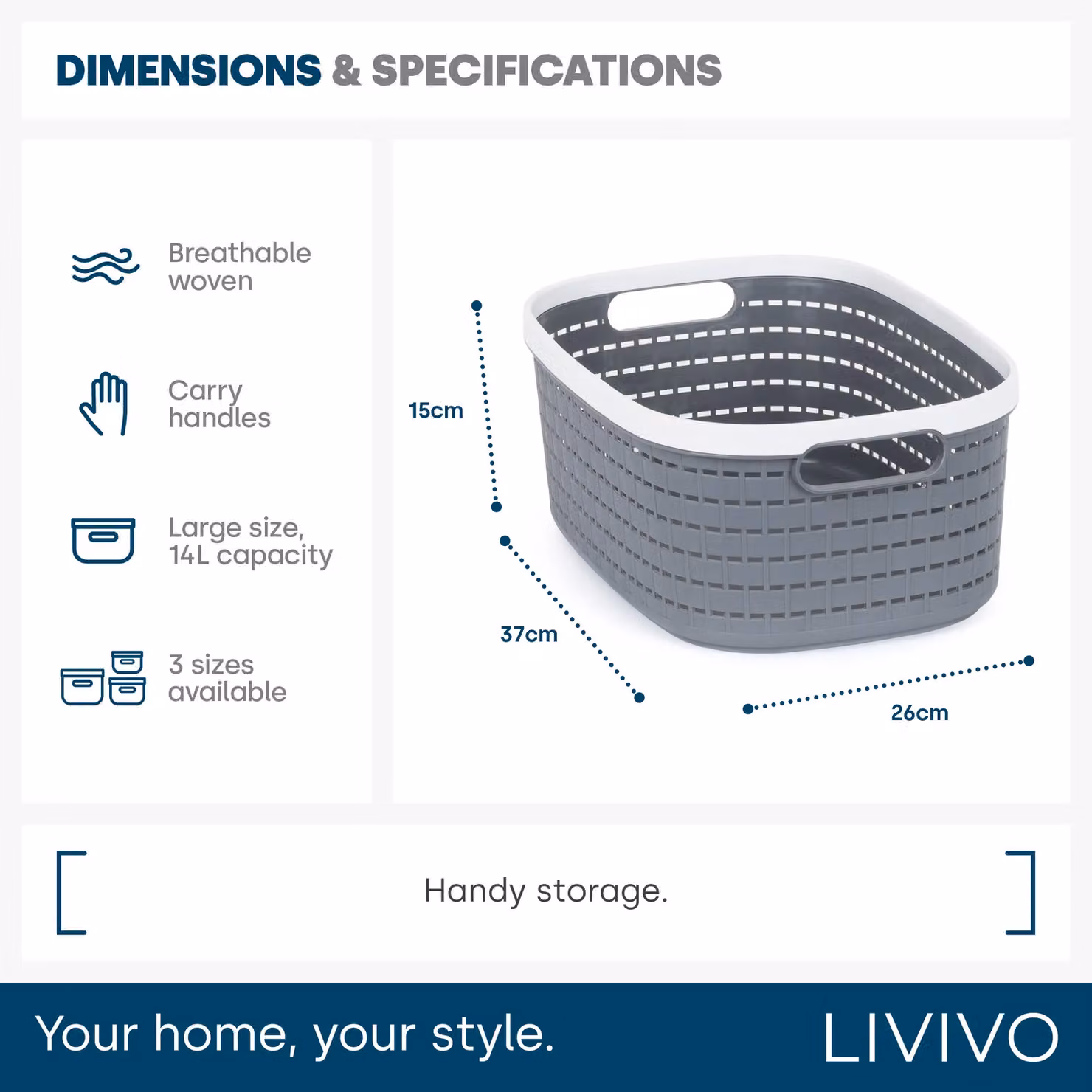 LIVIVO Set of 3 Ulana Stackable Plastic Storage Baskets with Handles for Kitchen, Bedroom and Home Office – 5