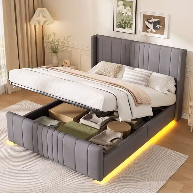 Rolipo Double Ottoman Bed in Grey Velvet with LED Under-Bed Lighting