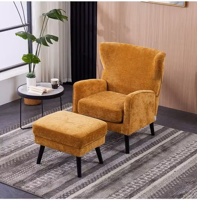 Living and Home Yellow Chenille Armchair with Footstool – 1