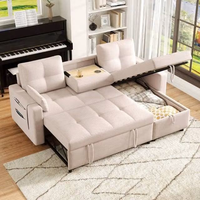 Rolipo Beige L-Shaped Reversible Fabric Sofa Bed with Pull-Out Sleeper and Cup Holders