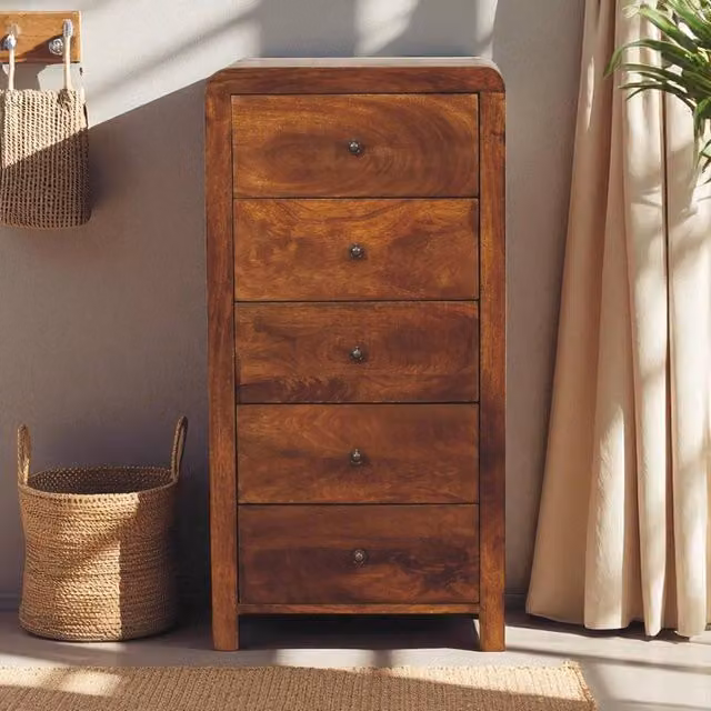 STILVORA Modern Tallboy with 5 Drawers in Brown Solid Wood