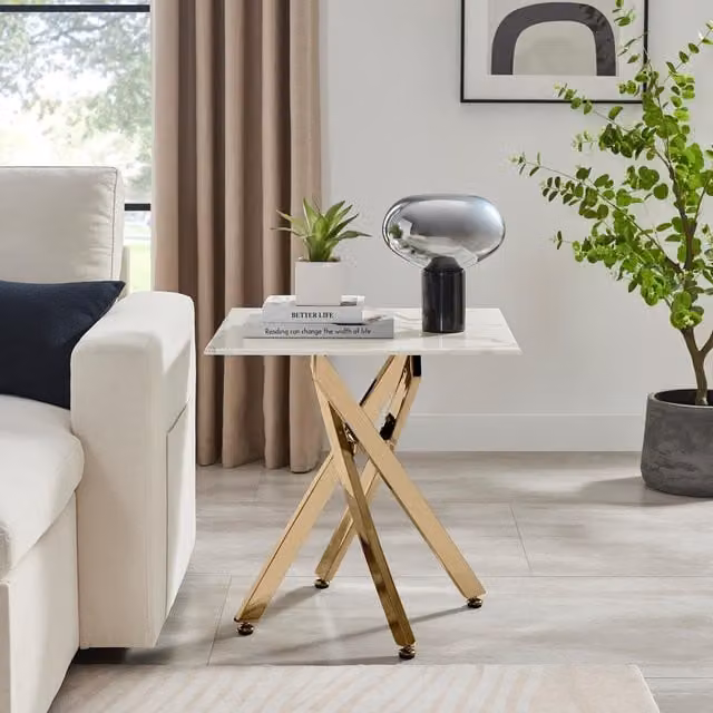 FurnitureboxUK Leonardo Square Marble Effect Glass Top Side Table with Gold Metal Starburst Legs in White – 1