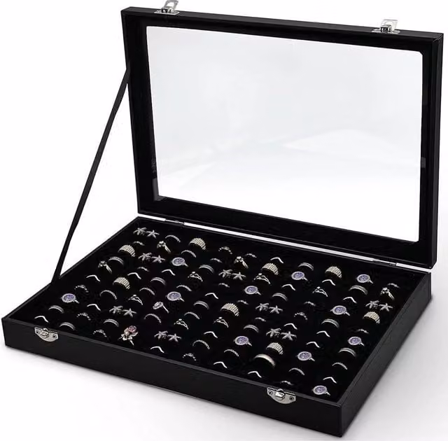 FLAVORA 100 Slot Ring and Earring Jewelry Display Organizer Box in Black, W: 50 cm, D: 50 cm