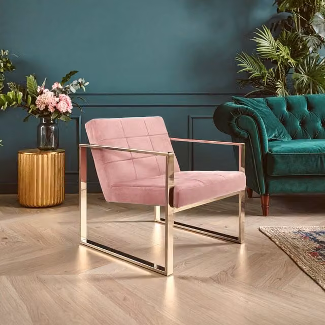 Fifty Five South Pink Velvet Modern Lounge Chair with Armrests and Metal Frame