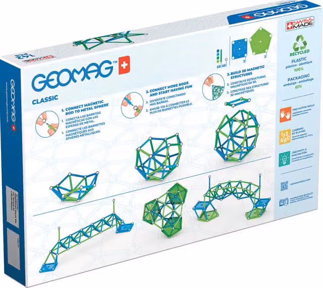 Geomag Classic 142 Magnetic Shapes Creative Building Set with 142 Pieces in White, Transparent and Multicolour