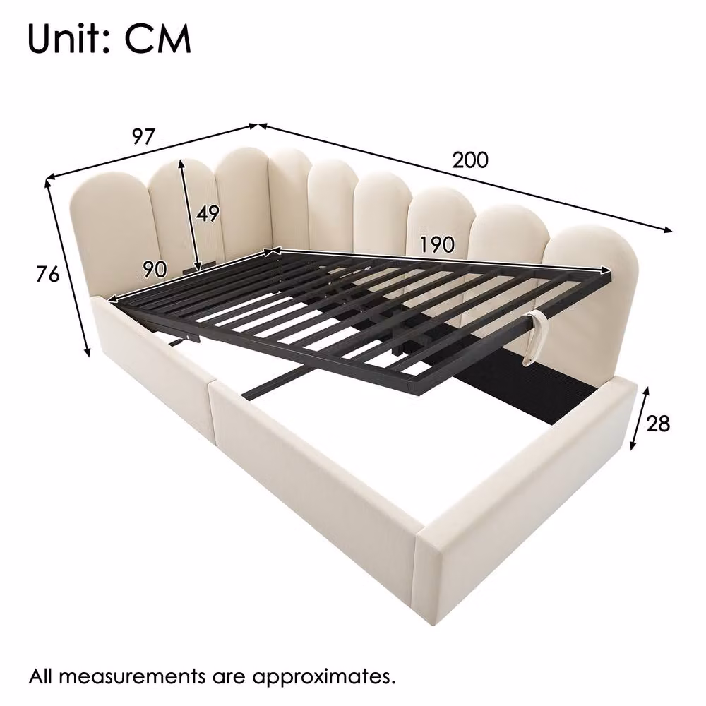 Rolipo Single Velvet Daybed with Hydraulic Storage, Beige, W: 90 cm, D: 190 cm, H: 76 cm – 3