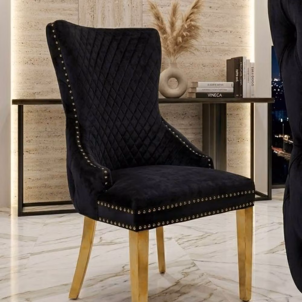 Home Luxe Interior Set of 2 Black Victoria Velvet Dining Chairs with Gold Metal Legs – 7