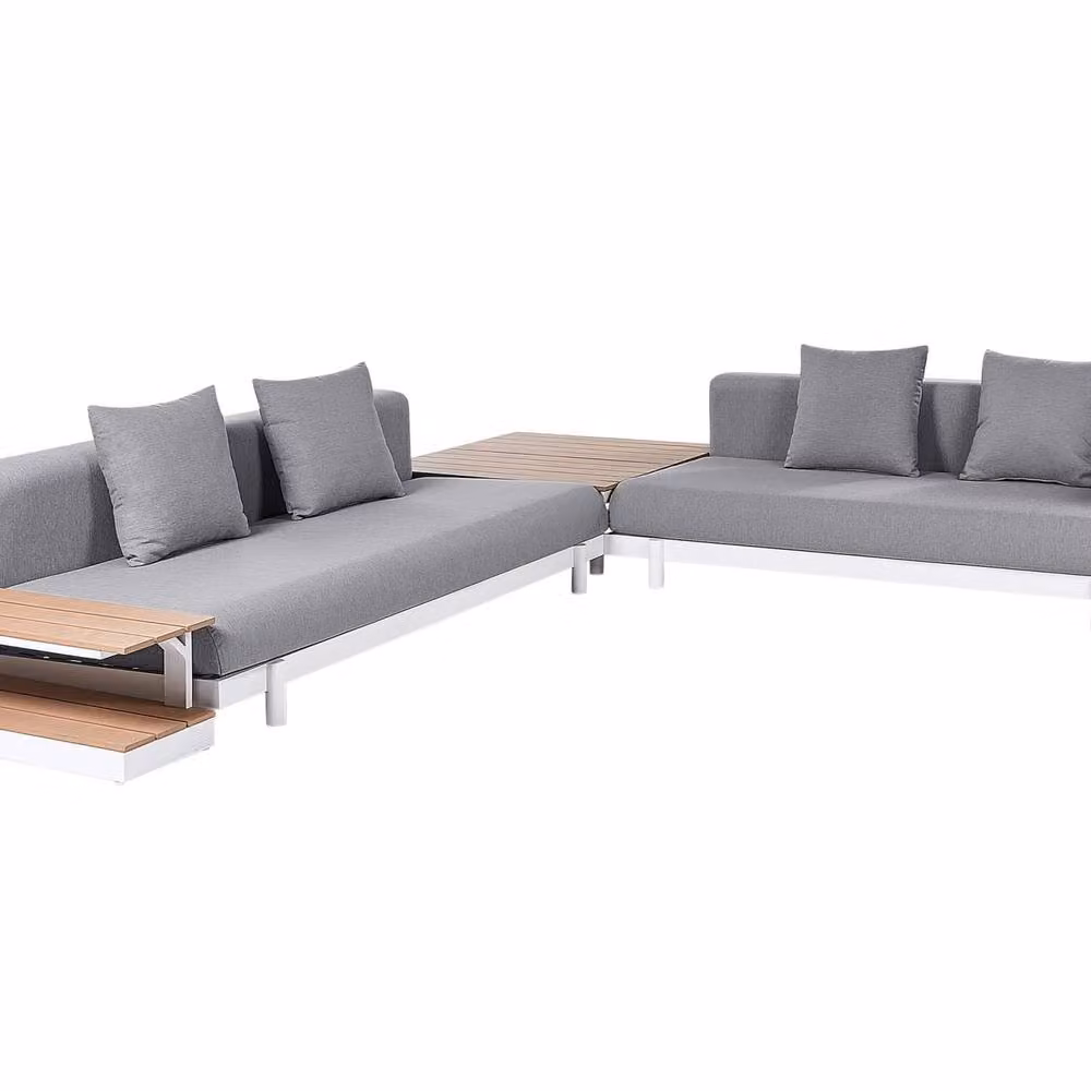 Wyld and Coco 5-Seater L-Shape Outdoor Sofa Set with Coffee Tables in Grey Fabric – 2