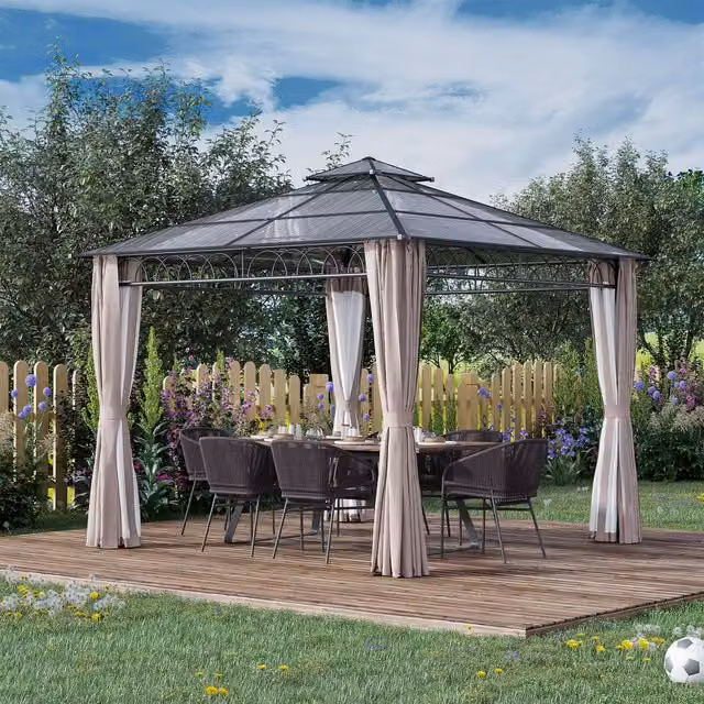 Outsunny Hard Top Gazebo with Polycarbonate Roof, W/D: 300 x 300 cm, Black, Grey, Khaki and Beige