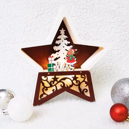 mysmartbuy Battery Powered Wooden Light Up Christmas Star Ornament with Reindeer and Tree Carving, Brown and Multicolour, H: 19 cm, W: 19 cm, D: 3.5 cm – 2