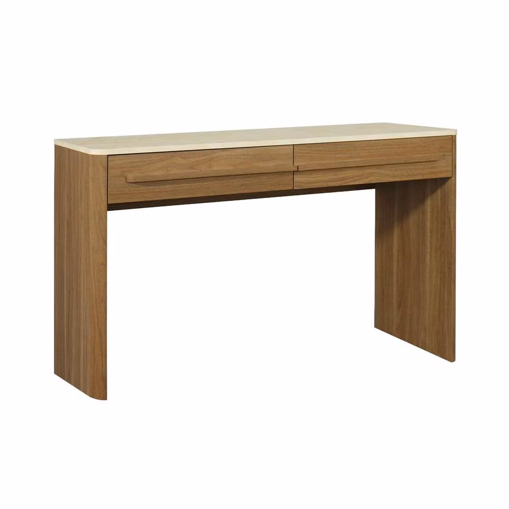 Sweekeek Modern Console Table with Travertine Effect Top and 2 Drawers in Dark Brown – 2