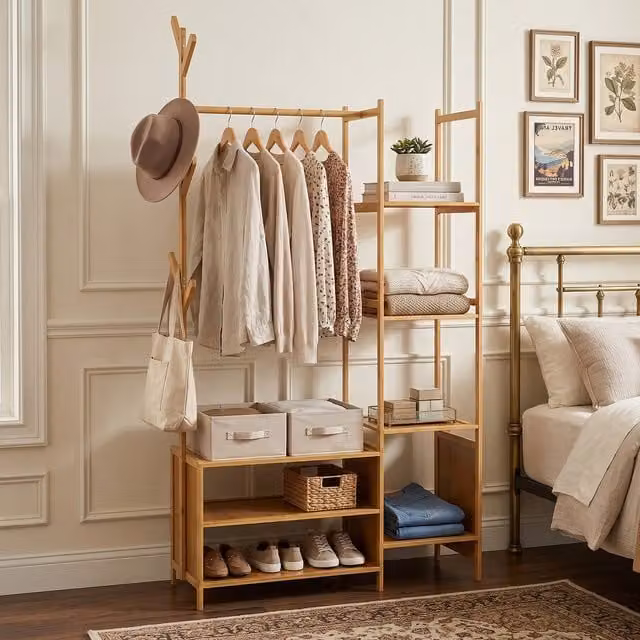 Livingandhome Scandinavian Dual Hook and Rail Matrix Clothes Rail in Brown Wood