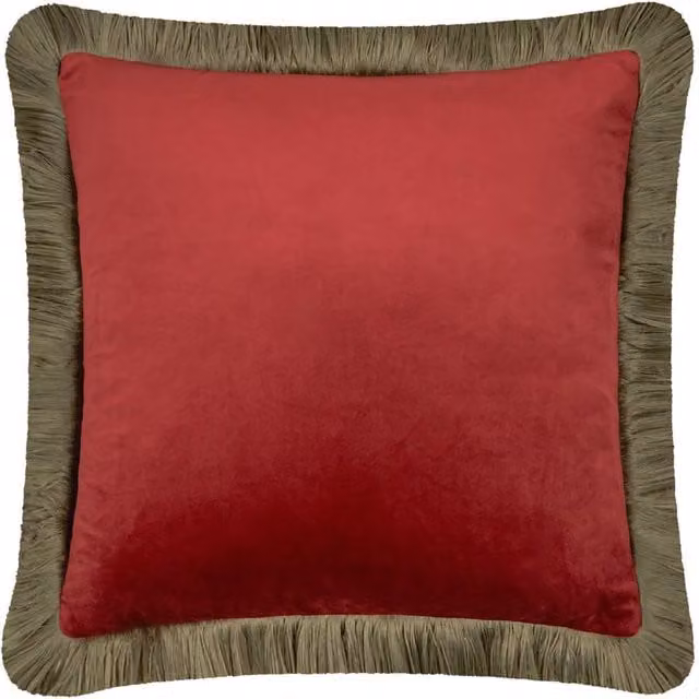 Furn Halo Fringed Velvet Cushion in Red, W/D/H: 50 x 50 x 50 cm