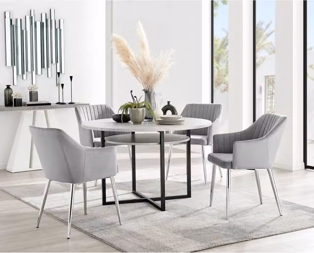 Furniturebox Adley Grey Concrete Effect Round Dining Table and 4 Calla Silver Leg Chairs