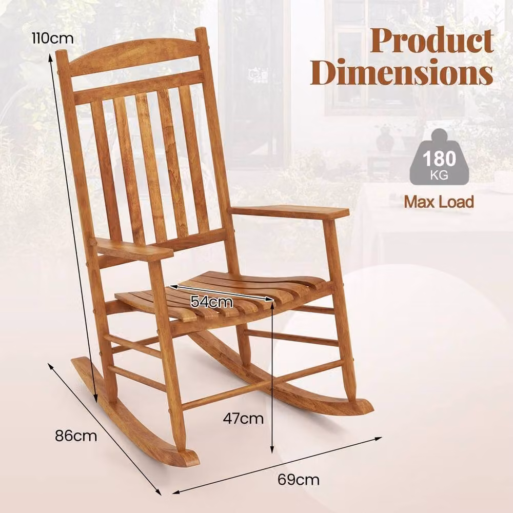 VOGREX High Back Poplar Wood Patio Rocking Chair in Brown – 2