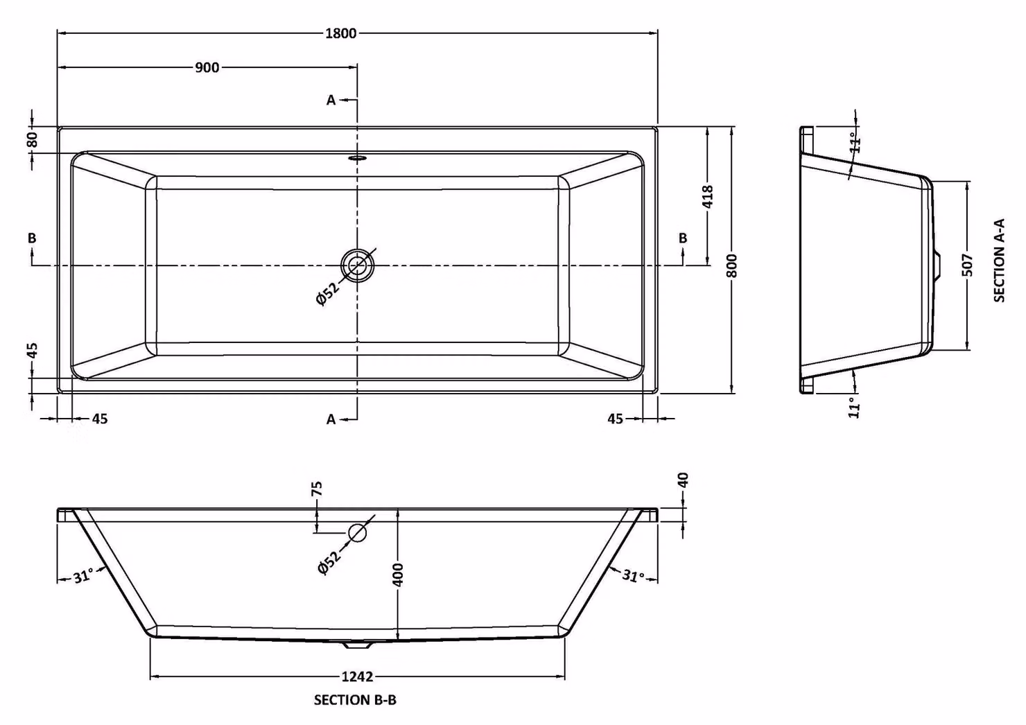 Balterley Square Thin Edge Double Ended Reversible Shower Bath with Leg Set, White, W: 180 cm, D: 80 cm – 2
