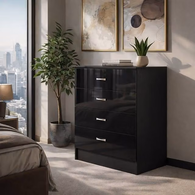 Harmin High Gloss 4 Drawer Chest in Black, H 68.5 x W 60 x D 40 cm – 1