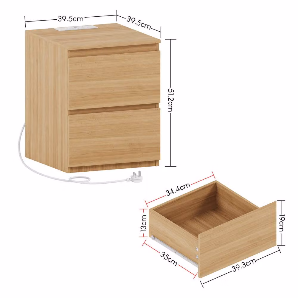 Vida Designs Denver 2 Drawer Large Bedside Chest with Power Outlet in Natural Sand – 2