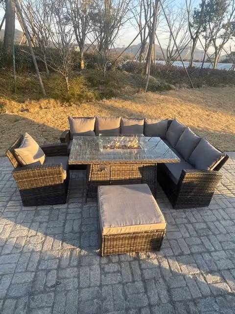Fimous 8 Seater Rattan Garden Furniture Set with Gas Fire Pit Dining Table, Right Corner Sofa and Footstools in Dark Grey