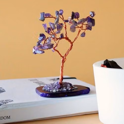 KDMD Amethyst Gemstone Bonsai Tree with Natural Agate Base, Purple Crystal Decor with 35 Stones