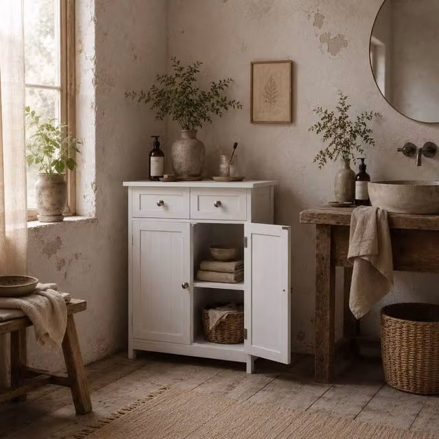 Wyld Haus Zilu Freestanding Bathroom Cabinet in White with Drawers and Cupboard, W/D/H: 60 x 30 x 75 cm – 1