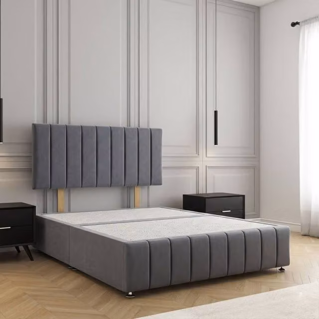 REGIONAL FURNISHINGS King Size Charcoal Velvet Upholstered Divan Bed with 24 inch Headboard and Footboard, W/D/H: 180 x 200 cm