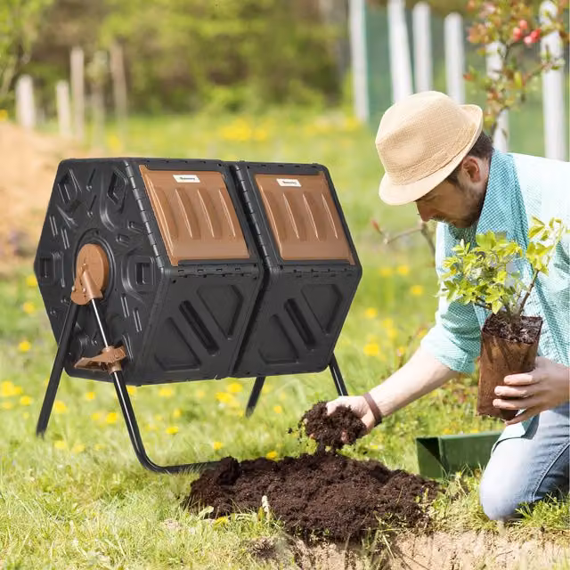 Outsunny Dual Chamber Rotating Garden Compost Bin, 120L, Brown and Black