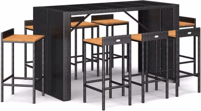 Berkfield Home 9 Piece Black Poly Rattan and Solid Acacia Wood Garden Bar Set – 1