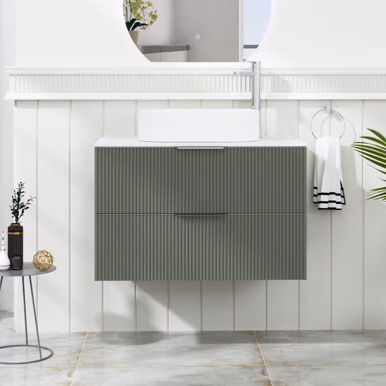 Royal Bathrooms Evora 800mm Sage Green Fluted Wall Hung Vanity Unit with Lyon Basin and 2 Drawers