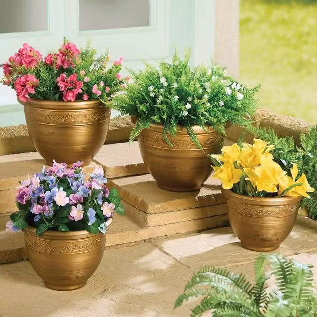 Coopers of Stortford Set of 4 Bronze Effect Plastic Outdoor Planters with Scroll Design