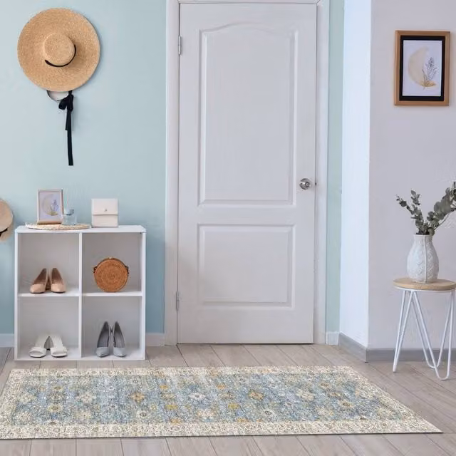 The Rug Shop UK Blue Bordered Floral Traditional Stain Resistant Rectangular Rug W: 60 cm, L: 180 cm – 1