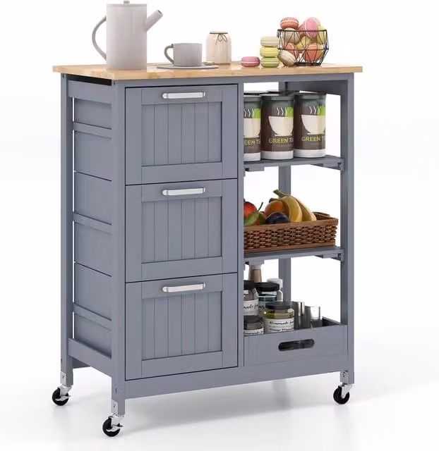 Gymax Grey 3-Drawer Kitchen Island Rolling Utility Cart with Lockable Wheels