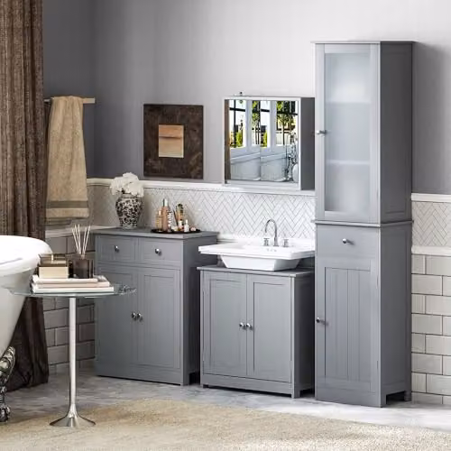Kleankin Grey Freestanding Bathroom and Home Office Storage Cabinet with Hinged Doors, Internal Shelves and Drawers, H: 171.5 cm, W: 27.0 cm, D: 27.0 cm – 6