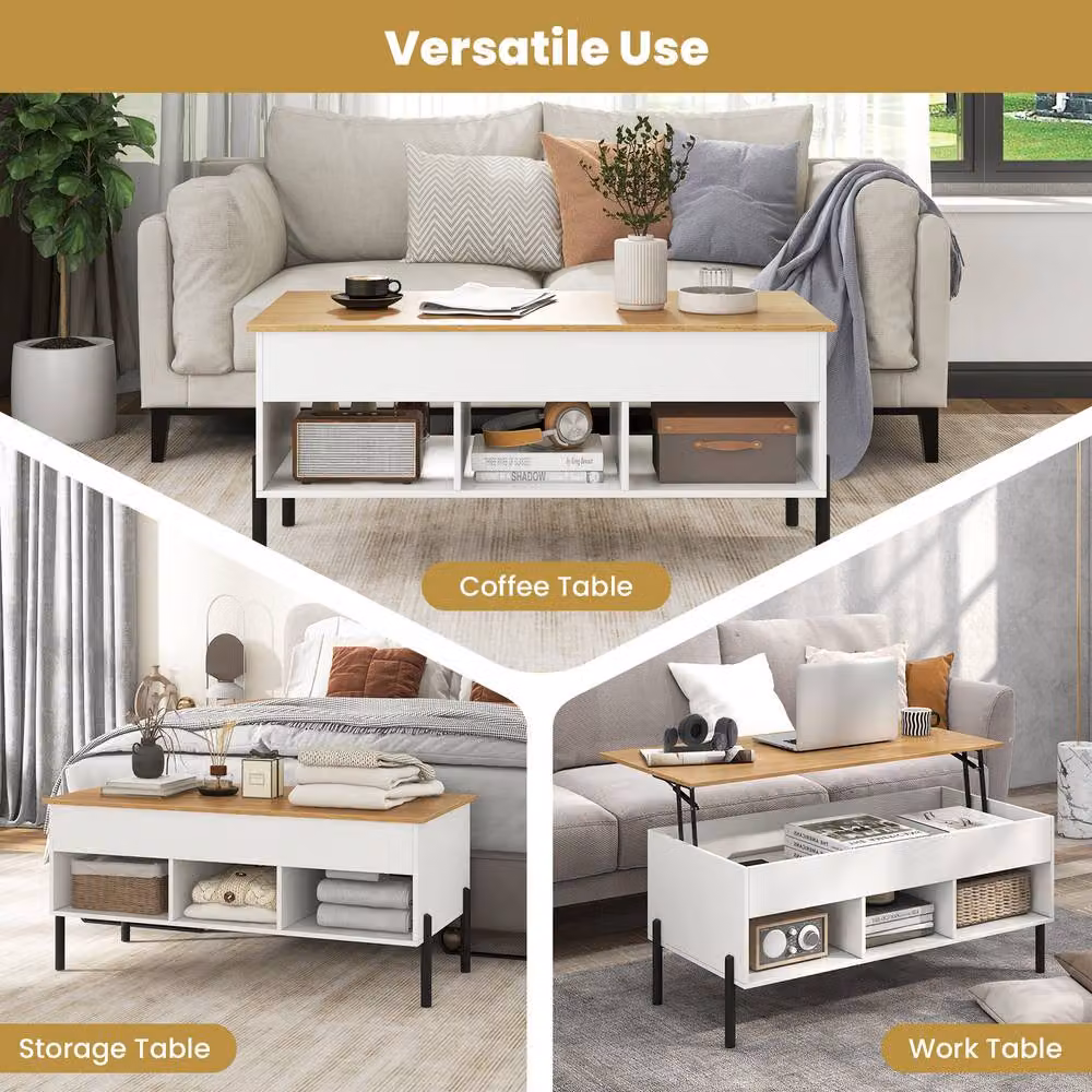 Costway Modern Rectangular Lift Top Coffee Table in White – 4