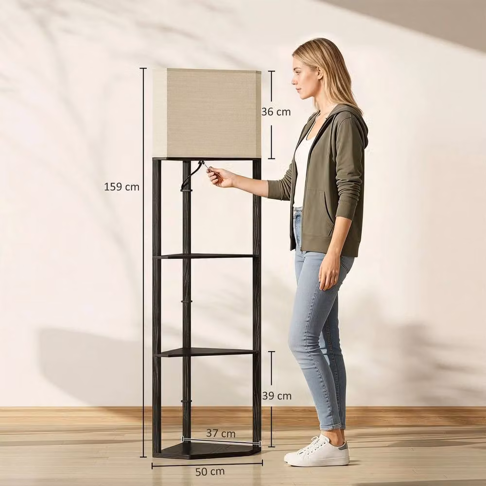 EONLION Modern Black Corner Floor Lamp with Shelves and Beige Fabric Shade – 2
