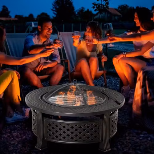 Outsunny Bronze Tone Round Steel Outdoor Fire Pit with Grill Net and Poker, Diameter: 81 cm – 2