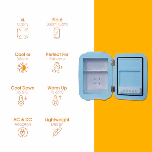 Abode Blue Mini Fridge A4CLR201BL 4L Portable Thermoelectric Cooler and Warmer for Drinks and Cosmetics, W/D/H: 27.5 x 19.0 x 25.0 cm – 2