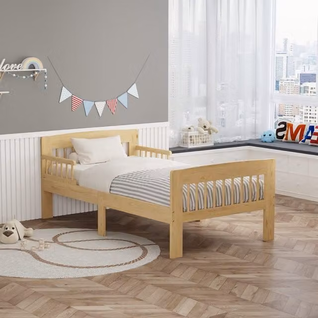 WestWood Solid Wood Single Toddler Bed Frame with Safety Guard Rail, White